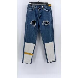 -CIDE Men’s Blue-White Color Block Denim Distressed Straight Leg Jeans SZ 31